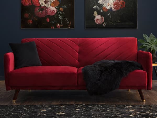 Sovesofa Mørkerød Mørkt Træ Velour 3 personers Retro Glam Moderne Design Rød Polyester Gummitræ Eukalyptustræ Fløjl Sofa Stue Indretning