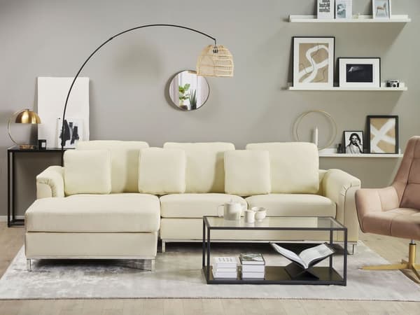 Hjørnesofa Beige Læderpolstret L-Formet Højrehåndsorientering