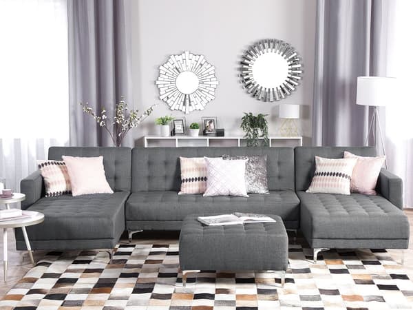 Sofa Grå polyester stof med skumfyld 5 personers Moderne U-formet modulær klik klak seng funktion med fodskammel højrevendt gæstevenlig