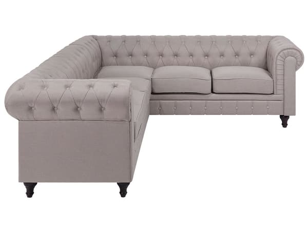 Chesterfield Hjørnesofa Beige Stof med Sorte Træben 6 Personers Bredt Tyk Polstret Knap Tuftet Venetiansk Barok stil Stue Moderne Dekoration