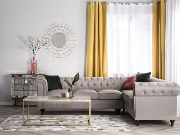 Chesterfield Hjørnesofa Beige Stof med Sorte Træben 6 Personers Bredt Tyk Polstret Knap Tuftet Venetiansk Barok stil Stue Moderne Dekoration