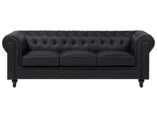 Chesterfield Sofa Sort Læder med Sorte Træben 3 Personers Bredt Tyk Polstret Knap Tuftet Kunstlæder Venetiansk Barok stil Stue Moderne Dekor
