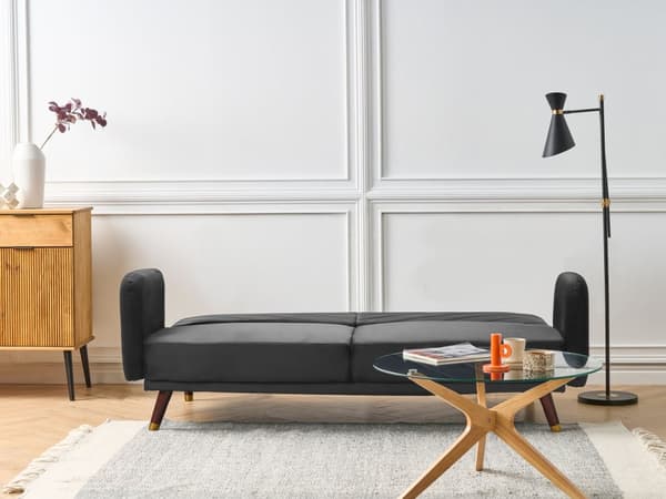 Sovesofa Sort Mørkt Træ Velour 3 pers Retro Glam Moderne Design Polyester Gummitræ Eukalyptustræ Fløjl Sofa 3-Personers Stue Indretning Møbel