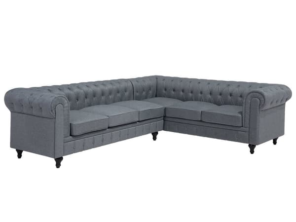Chesterfield Hjørnesofa Grå Stof med Sorte Træben 6 Personers Bredt Tyk Polstret Knap Tuftet Venetiansk Barok stil Stue Moderne Dekoration
