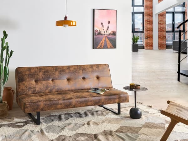 Sovesofa Brun Læder og Sort Metalben 3 Personers Moderne Sofa med Recliner Ligge Position Stue Cabriolet uden Armlæn Minimalistisk Design