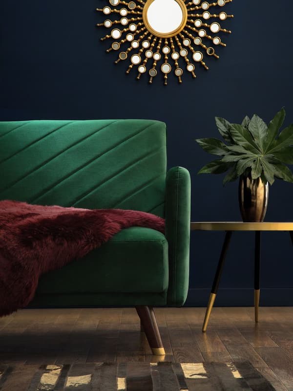 Sovesofa Smaragdgrøn Mørkt Træ Velour 3 pers Retro Glam Moderne Design Polyester Gummitræ Eukalyptustræ Grøn Fløjl Sofa Stue Indretning Møbel