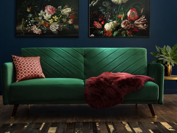 Sovesofa Smaragdgrøn Mørkt Træ Velour 3 pers Retro Glam Moderne Design Polyester Gummitræ Eukalyptustræ Grøn Fløjl Sofa Stue Indretning Møbel