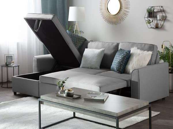 Lysegrå Polstret Hjørnesovesofa Tre Personer Moderne Hjørnesofa til Stuen med Opbevaring i Højre Side