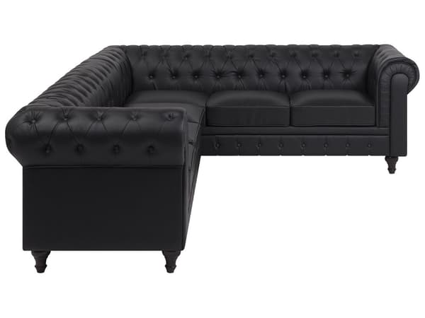 Chesterfield Hjørnesofa Sort Kunstlæder med Sorte Træben 6 Personers Bredt Tyk Polstret Knap Tuftet Venetiansk Barok stil Stue Moderne Dekor