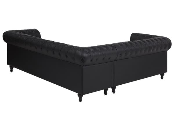 Chesterfield Hjørnesofa Sort Kunstlæder med Sorte Træben 6 Personers Bredt Tyk Polstret Knap Tuftet Venetiansk Barok stil Stue Moderne Dekor