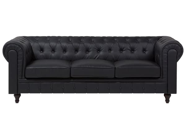 Chesterfield Hjørnesofa Sort Kunstlæder med Sorte Træben 6 Personers Bredt Tyk Polstret Knap Tuftet Venetiansk Barok stil Stue Moderne Dekor