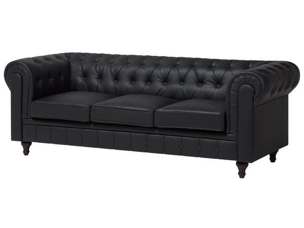 Chesterfield Hjørnesofa Sort Kunstlæder med Sorte Træben 6 Personers Bredt Tyk Polstret Knap Tuftet Venetiansk Barok stil Stue Moderne Dekor