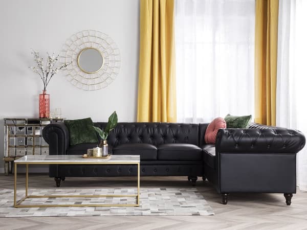 Chesterfield Hjørnesofa Sort Kunstlæder med Sorte Træben 6 Personers Bredt Tyk Polstret Knap Tuftet Venetiansk Barok stil Stue Moderne Dekor