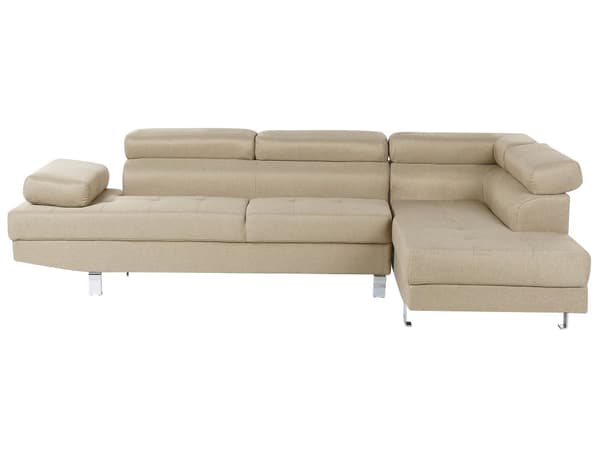 Hjørnesofa Lys Beige Stof L-formet Justerbar Nakkestøtte og Armlæn