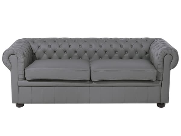 Chesterfield Sofa Grå Kunstæder med Sorte Træben 3 Personers Bredt Tyk Polstret Knap Tuftet Okselæder Venetiansk Barok stil Stue Dekoration