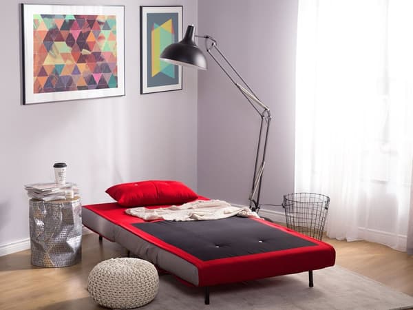 Lænestol Rød Grå Polyester 100 x 87 x 89 cm Enkelt Knap Tuftet Lænestolsseng Fold Ud Sovestol Multifunktionel Sovesofa Gæsteseng Foldemadras