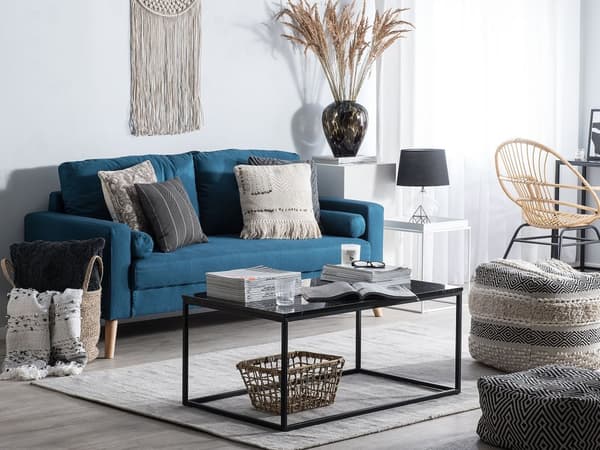 Stof Sofa Blå Stof Polstring 2 Personers Knap Tuftet med To Pølsepuder