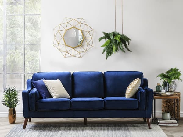 Sofa Blå 3 Personers Velour Træben Klassisk Stil