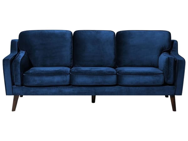 Sofa Blå 3 Personers Velour Træben Klassisk Stil