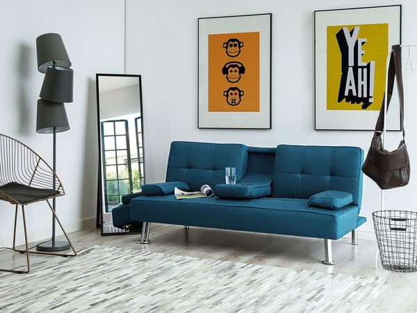 Sovesofa Blå 3 Personers Moderne Lille Sovebriks med Sovefunktion og Kopholder Designsofa Teenageværelse Drenge Inspiration