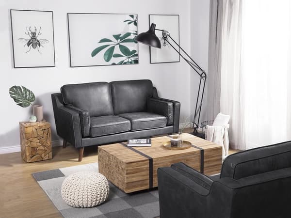 Sofa Grå 2 Personers Imiteret Læder Træben Klassisk Stil