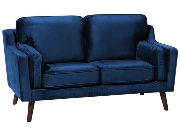 Sofa Blå 2 Personers Velour Træben Klassisk Stil