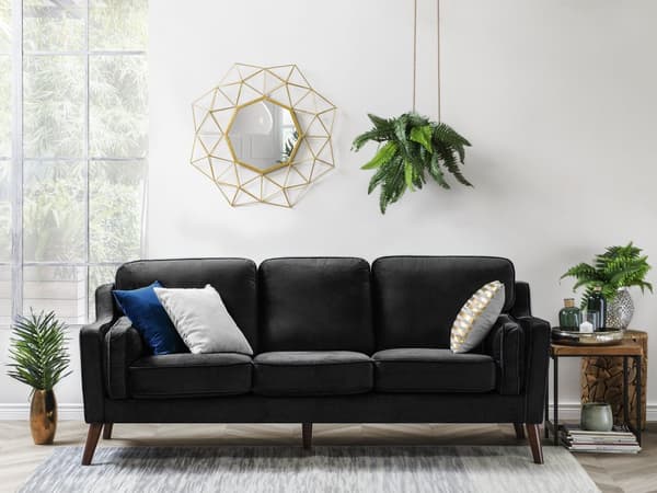 Sofa Sort 3 Personers Velour Træben Klassisk Stil