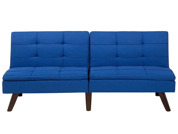 Sovesofa Blå Mørkt Træ 3 Personers Klassisk Retro Sofa med Sovefunktion Quiltet Ryg Polstring Sofaseng Design Skibsbriks Skrå Ben