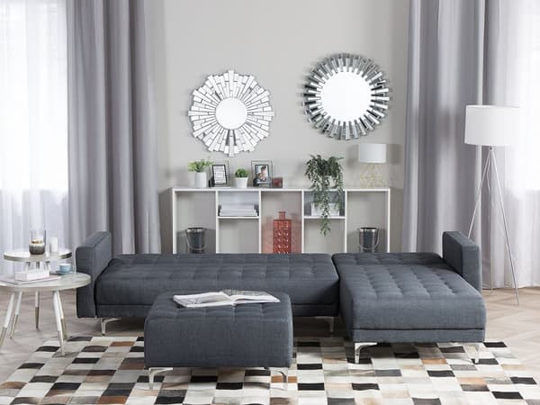 Hjørnesofa Mørkegrå Polyester med Skumfyld og Sølv Forkromet Metal 4 personers Moderne L-formet tuftet modulær med sovefunktion venstrevendt