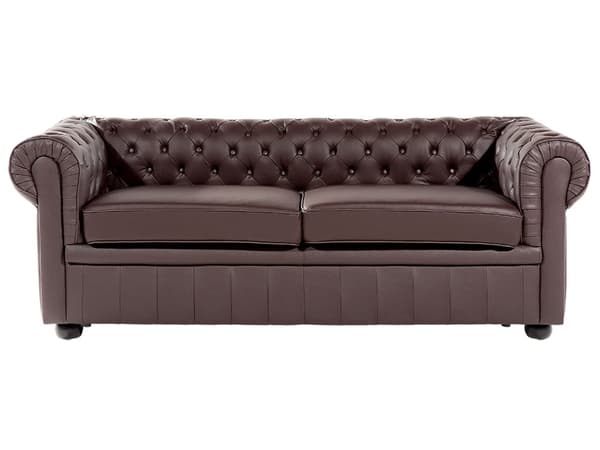 Chesterfield Sofa Brun Kunstæder med Sorte Træben 3 Personers Bredt Tyk Polstret Knap Tuftet Okselæder Venetiansk Barok stil Stue Dekoration