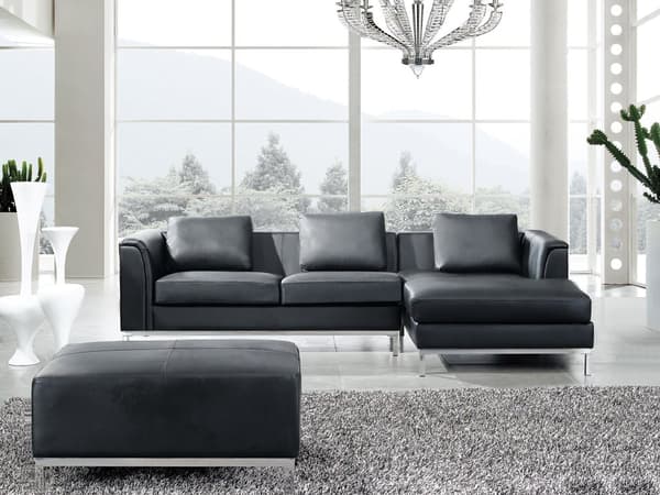 Hjørnesofa Sort Læder Betrukket med Skammel L-formet Venstrehåndsorientering