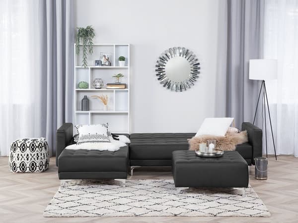 Hjørnesofa Sort Kunstlæder med Skumfyld og Sølv Forkromet Metal 4 personers Moderne L-formet tuftet modulær med sovefunktion højrevendt