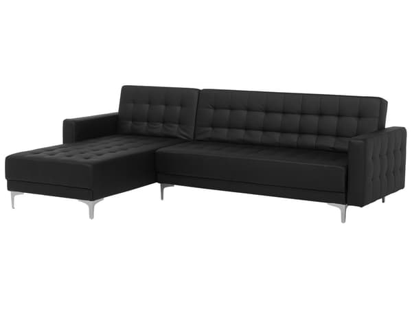 Hjørnesofa Sort Kunstlæder med Skumfyld og Sølv Forkromet Metal 4 personers Moderne L-formet tuftet modulær med sovefunktion højrevendt