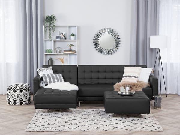 Hjørnesofa Sort Kunstlæder med Skumfyld og Sølv Forkromet Metal 4 personers Moderne L-formet tuftet modulær med sovefunktion højrevendt