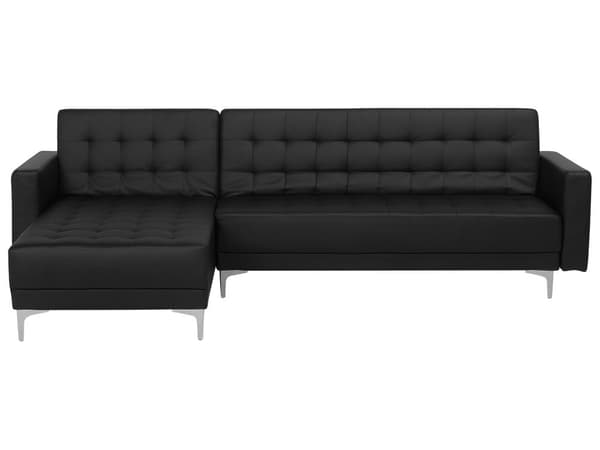 Hjørnesofa Sort Kunstlæder med Skumfyld og Sølv Forkromet Metal 4 personers Moderne L-formet tuftet modulær med sovefunktion højrevendt