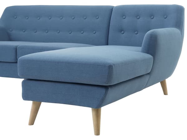 Hjørnesofa Blå Polyester Lyst Træben 3 Personers Polstret Sofa med Chaiselong Tuftet Ryg Skandinavisk Minimalistisk Stue Højrevendt Design