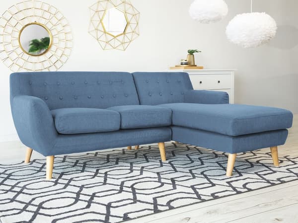 Hjørnesofa Blå Polyester Lyst Træben 3 Personers Polstret Sofa med Chaiselong Tuftet Ryg Skandinavisk Minimalistisk Stue Højrevendt Design