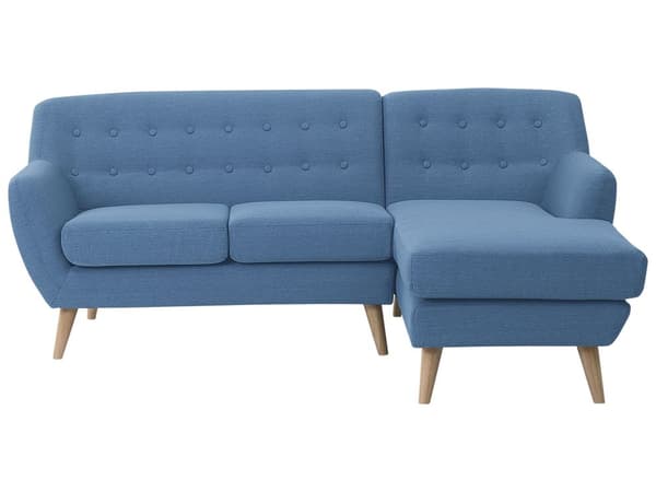 Hjørnesofa Blå Polyester Lyst Træben 3 Personers Polstret Sofa med Chaiselong Tuftet Ryg Skandinavisk Minimalistisk Stue Højrevendt Design