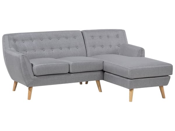 Hjørnesofa Grå Polyester Lyst Træben 3 Personers Polstret Sofa med Chaiselong Tuftet Ryg Skandinavisk Minimalistisk Stue Højrevendt Design