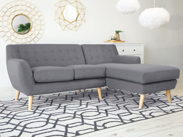 Hjørnesofa Grå Polyester Lyst Træben 3 Personers Polstret Sofa med Chaiselong Tuftet Ryg Skandinavisk Minimalistisk Stue Højrevendt Design
