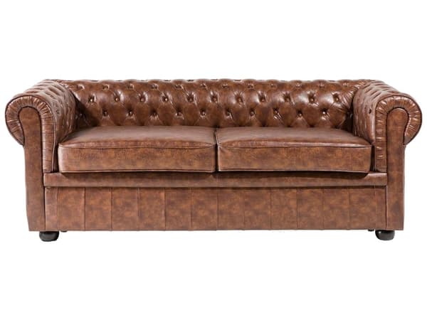 Chesterfield Sofa Gyldenbrun Kunstlæder Sorte Træben 3 Personers Bredt Tyk Polstret Knap Tuftet Kunstlæder Venetiansk Barok stil Stue Dekoration