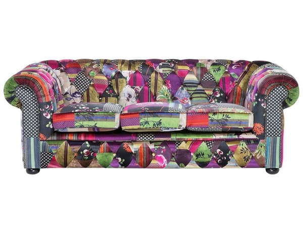 Chesterfield Sofa Lilla Flerfarvet Polyester med Skum og Sorte Træben 3 Personers Bredt Polstret Knap Tuftet Patchwork Moderne stil Stue Dekor