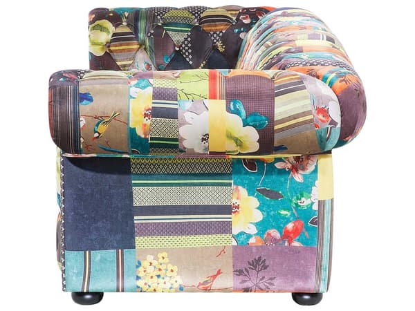 Chesterfield Sofa Gul Grøn Flerfarvet Polyester med Skum og Sorte Træben 3 Personers Tyk Polstret Knap Tuftet Patchwork Moderne stil Stue