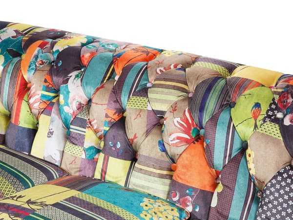 Chesterfield Sofa Gul Grøn Flerfarvet Polyester med Skum og Sorte Træben 3 Personers Tyk Polstret Knap Tuftet Patchwork Moderne stil Stue