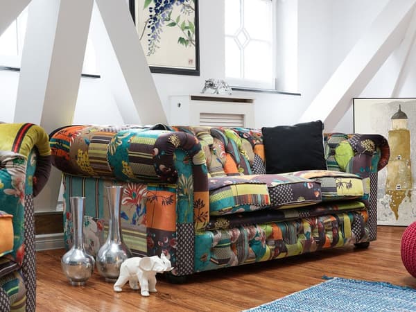 Chesterfield Sofa Gul Grøn Flerfarvet Polyester med Skum og Sorte Træben 3 Personers Tyk Polstret Knap Tuftet Patchwork Moderne stil Stue