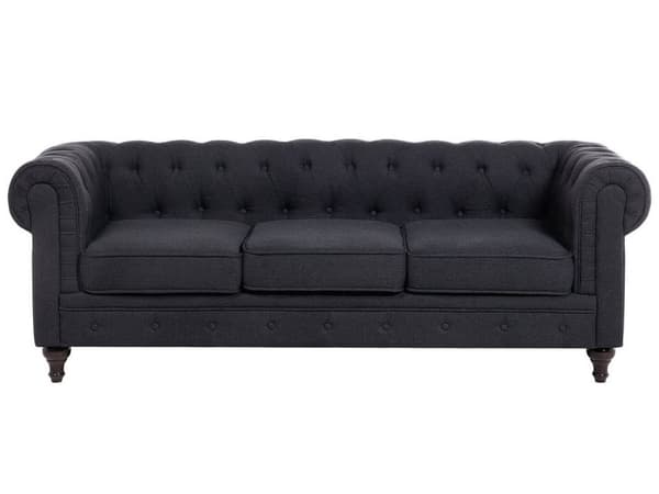 Chesterfield Sofa Grafitgrå Polyester Skum og Sorte Træben 3 Personers Bredt Tyk Polstret Knap Tuftet Venetiansk Barok stil Stue Indretning