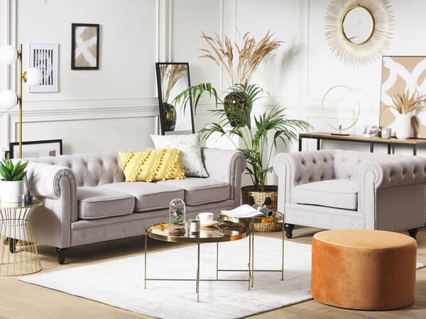 Chesterfield Sofa Lysegrå Polyester med Skum og Sorte Træben 3 Personers Bredt Tyk Polstret Knap Tuftet Venetiansk Barok stil Stue Indretning