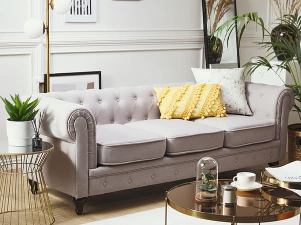 Chesterfield Sofa Lysegrå Polyester med Skum og Sorte Træben 3 Personers Bredt Tyk Polstret Knap Tuftet Venetiansk Barok stil Stue Indretning