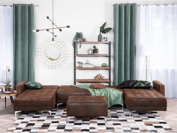 Sofa Chaiselong Brun Kunstlæder med Skumfyld og Sølv Krom Metalben 5 personers Moderne U-formet modul Klik Klak Sovefunktion Stueindretning