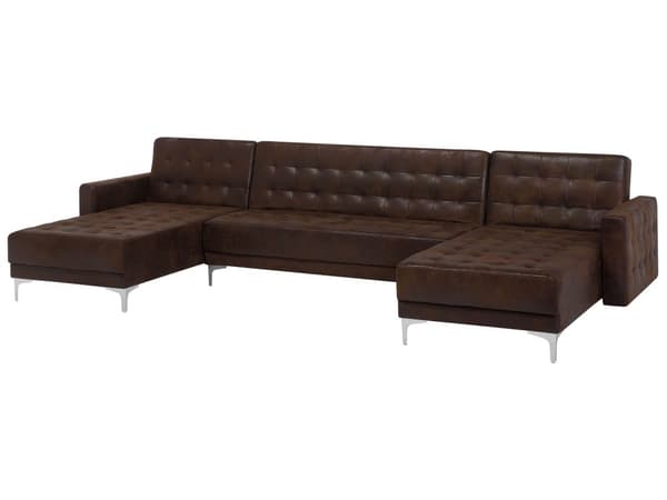 Sofa Chaiselong Brun Kunstlæder med Skumfyld og Sølv Krom Metalben 5 personers Moderne U-formet modul Klik Klak Sovefunktion Stueindretning